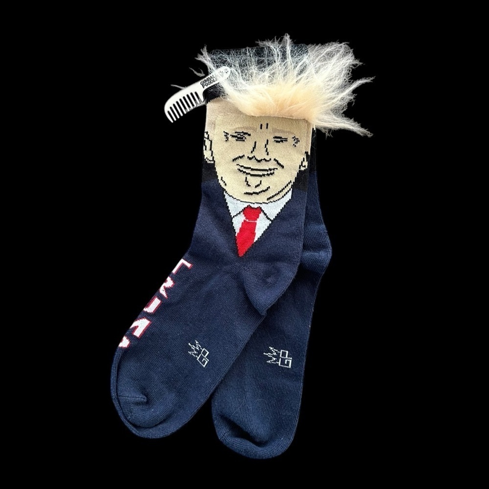 NWOT Gumball Poodle Womens Donald‎ Trump Socks with hair comb President Gag Gift